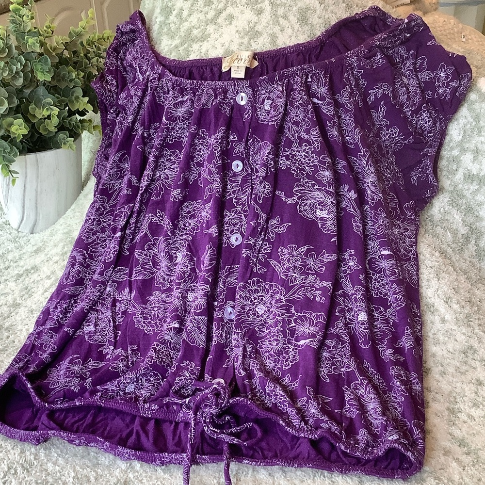 Lavish Royal Purple Floral  Button Tie-Hem Top Bell Sleeves RS Size Small